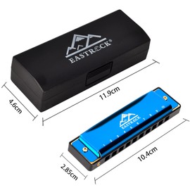 EastRock Blues 10 Holes Harmonica with Harmonica Box Suitable for Professionals and Amateurs, Students and Adults - Blue