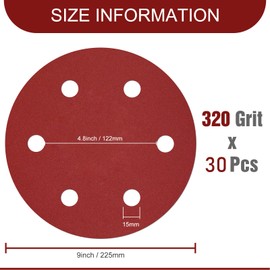 9 Inch Sanding Disc 320 Grit Hook and Loop Sandpaper for 6 Holes Drywall Sander Remove Popcorn Ceiling Sheetrock (30 PCS)