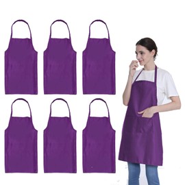 LOYHUANG Plain Purple Color Bib Aprons Bulk Adult for Women Men Unisex Chef Apron with 2 Pockets for Cooking Baking Kitchen Restaurant Crafting (Purple,6pcs-size24 X28)