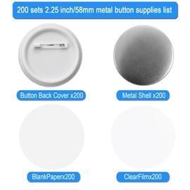 200 Pcs 2.28inch/58mm Round Button Maker Supplies, Blank Button Badge Sets for Button Maker Machine, Pin Back Button Parts with Paper