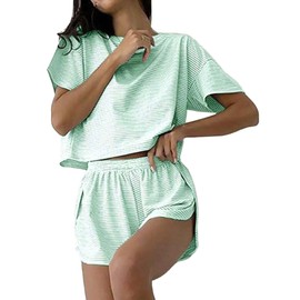 Remidoo Women's Striped Tee Shirts and Shorts Pajamas Set Side Slit Crewneck Loungewear Green Small
