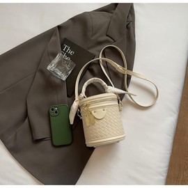 Woven Crossbody Bags for Women Weave Bucket Cylinder Purses Small Shoulder Vegan Leather Mini Top Handle Handbag, White