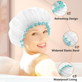 White Shower Cap for Long Hair, Waterproof Washable Hair Caps for Women and Girls, Extra Large Double-layered Bath Caps for Thick Hair