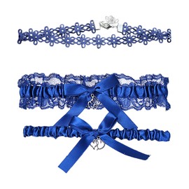 1 Pair of Garters and 1 Neck Strap, Lace Garters, Wedding Garters, Bow Leg Straps, Bridal Jewelry, Clothing Accessories Dark Blue