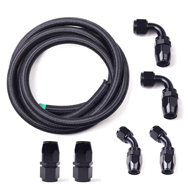 BLACKHORSE-RACING 10Ft 10 an AN10 Nylon and Stainless Steel Braidied Oil Gas Fuel Hose Fuel Line + 6pcs 10an Hose Fitting Kit Black
