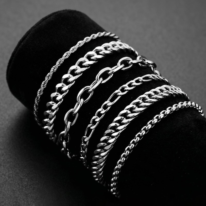 6Pcs Stainless Steel Bracelets for Women Silver Chain Bracelet Set