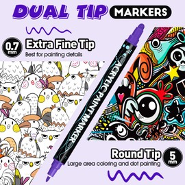 FUMILE 48 Colors Acrylic Paint Markers Dual Tip(Fine and Dot Tip), Paint Pens Acrylic Markers for Wood, Rock, Plastic, Glass, Ceramic, Canvas, Paper.Acrylic Paint Markers Set for DIY Gifts and Art.