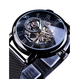 FORSINING Black Mechanical Watch for Men Minimalist Retro Design Staempunk Mechanical Skeleton Wrist Watch Transparent Business Mesh Band Watch