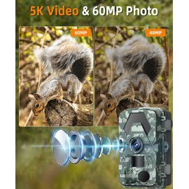 EBXDW Trail Camera, 5K 60MP Game Camera with 130°Wide Angle, IP66 Waterproof Night Vision with No Glow Infrared LEDs, 0.05s Trigger Motion Activated for Wildlife, Green