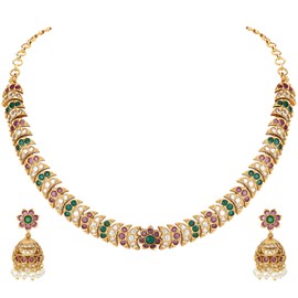 Aheli South Indian Designer Faux Stone Crafted Choker Necklace with Jhumki Earrings Ethnic Wedding Wear Fashion Jewelry Set Gift for Women