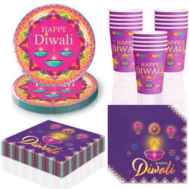 Ertyjikg 60Pcs Diwali Party Supplies,Happy Diwali Party Disposable Tableware Include Plates Cupsand Napkins Indian Festival of Lights Party Decorations(Serves 20)