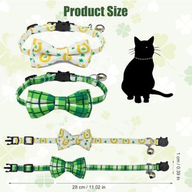HKYLRAT 2 Pack St. Patrick Day Cat Collar with Bow Tie, Green Shamrock Pattern Kitten Collar with Removable Bowtie, Pet Kitten Cats (Green White)