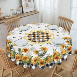 Sunflower Table Cloths, Rustic Black White Buffalo Spring Summer Yellow Floral Flower Daisy Boho Vintage Coffee Table Cover Decor for Kitchen Dining Room Outdoor Home Party, 36" Round