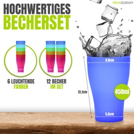 Idea-station NEO Plastic Cups Pack of 12, 450ml Colourful Reusable Shatterproof Plastic Cups Party Cups Drinking Cups Party Tableware Camping Tableware Drinking Glasses Kids