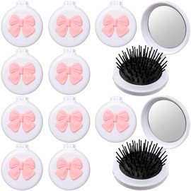 Yiyiring 12 Pcs White Coquette Bow Mini Hair Brushes Folding Mirror Coquette Detangler Brush Bulk Round Compact Massage Scalp Comb for Purse Women Travel Team Gifts Trendy Stuff Party Favors