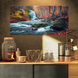 Designart PT9359-32-16 Autumn Mountain Waterfall Long View-Landscape Photo Canvas Print-32x16, 32 x 16 in, Orange