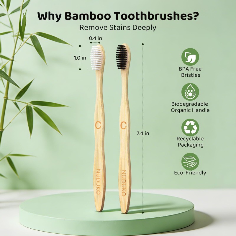 Bamboo Toothbrushes 10 Pack, BPA Free Plant Based Soft Bristle