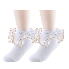 Yepami Big Girls Lace Socks Shimmering Cute Ruffle Comfortable Frilly Dress Ankle Socks 3 Pairs (Gold,S)