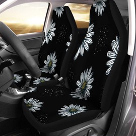Pinbeam Car Seat Covers Yellow Flower Daisy Pattern in Beautiful Black Blossom Chamomile Set of 2 Auto Accessories Protectors Car Decor Universal Fit for Car Truck SUV