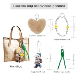 XIXIAOYAN Camel Heart Pom Pom Keychain for Women - 4-Piece Plush Bag Charm Set with Silver Beads, PU Leather Strap & Dog Tag | Cute Purse Charms for Handbags, Backpacks & Car Keys