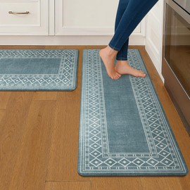 GENIMO Kitchen Mats for Floor 2 PCS Cushioned Anti-Fatigue, Geometric Waterproof Kitchen Rugs Non Slip Washable, Comfort Standing Mat Rug for Kitchen, Office, Desk, Laundry, Blue, 17"x 47"+17"x 30"