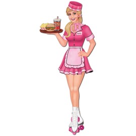 Beistle Jointed 50's Carhop Gril Photo Prop Backdrop, 35" Tall- Retro 1950's Diner Drive-In Wall Decoration, Waitress Cut Out