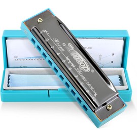 Blues Harmonica, Diatonic 10 Holes C Key Happy Harmonica Mouth Organ for Beginner,,,Students,,with Carrying Plastic Case,Clean Cloth and Manual:_blue-grey