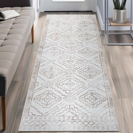 COLLACT 2x6 Runner Rug - Hallway Moroccan Washable Rug Geometric Kitchen Modern Non Slip Thin Boho Runners for Bedroom Laundry Room Doorway Bathroom (2x6ft Taupe On Beige)