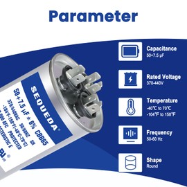 SEQUEDA 50+7.5 uF ±6% 370V/440V CBB65 CBB65A Dual Run Start AC Capacitor 50+7.5 MFD for Fan Motor Start or Heat Pump, Pool Pump and Condenser Straight Cool