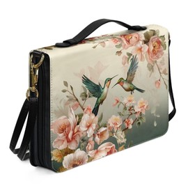 ZIATUBLES Retro Flower Hummingbird Print Bible Cover Case with Shoulder Strap Faux Leather Book Carrying Case for Women Men Church Bible Bag Scripture Protector Book Organizer Holder, XL