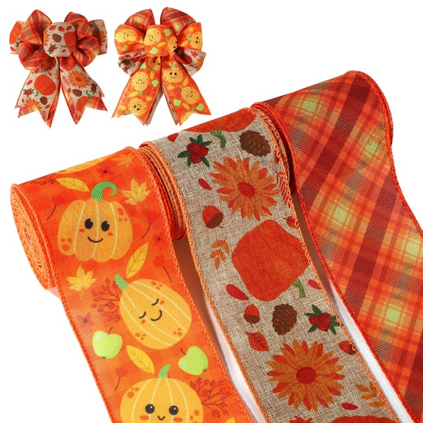 3pcs Thanksgiving Wired Ribbon, 18 Yards Fall Wired Ribbon Set