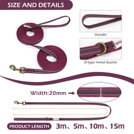 Wisedog Burgundy 10m Reflective Long Line Lead for Dogs - Lightweight Dog Leads with Strong Grip Anti-Slip Rubbers - Extra Long Leash for Indoor and Outdoor Activities