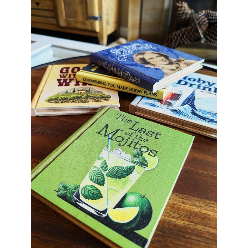 Solid Wood Book Shaped Coasters w/drinking puns