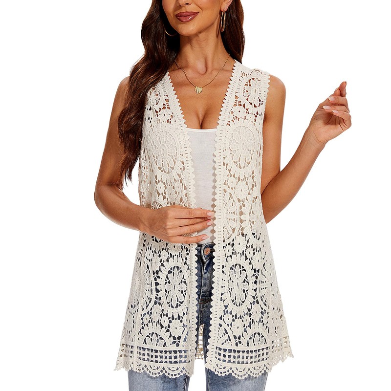 Women's Crochet Floral Boho Lace Trim Sleeveless Kimono Open Front