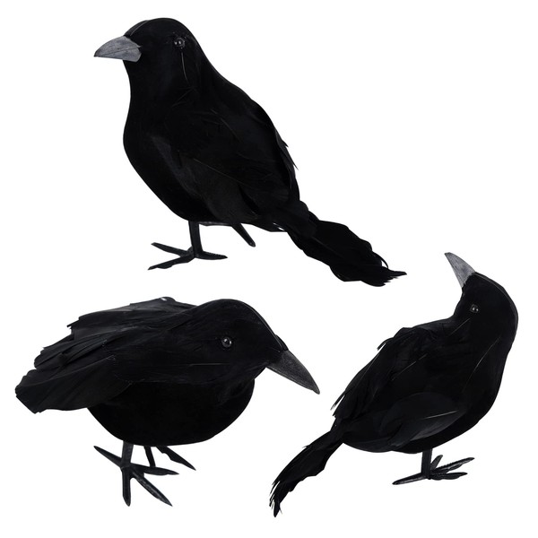 3 Pack Halloween Crows Artificial Feathered Crows Realistic Raven Birds Decorations Animal Ornament Spooky Black Feather Crow Bird for Halloween Party Prop Indoor Outdoor Home Garden Decoration Model