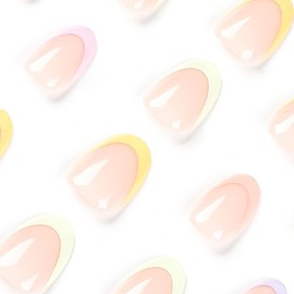 Short Press on Nails Almond Fake Nails French Tip Nails Press ons Glossy Glue on Nails Cute Acrylic Nails Round False Nails Nude Full Cover Artificial Stick on Nails for Women 24Pcs