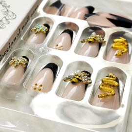 Long Press on Nails Black French Tip Fake Nails Cute Bees Rhinestone Coffin Nails Maple Rhinestone False Nails Glossy Nude Long Nails for Women Girls