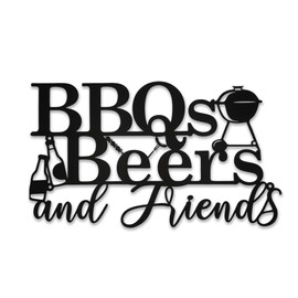 Rustic Metal BBQ Wall Art Sign - Outdoor Backyard & Patio Decor, Farmhouse Porch Sign with Vintage "BBQ, Beer, Friends" Design, Weatherproof 15.8x9.2 Inch Black Metal Barbeque Sign
