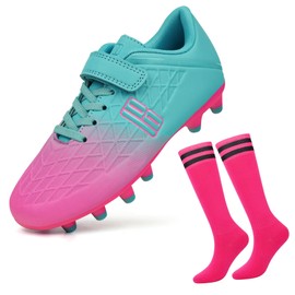 brooman Kids Firm Ground Soccer Cleats Boys Girls Football Cleats with Soccer Socks (3,Mint/Pink)