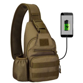 HUNTVP Tactical Military Chest Bag Molle Crossbody Shoulder Sling Pack Backpack with Water Bottle Holder USB Outlet Brown