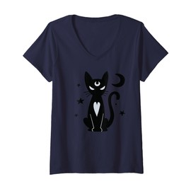 Womens Gothic Witchy Black Cat with Moon Mystical Stars Night Art V-Neck T-Shirt