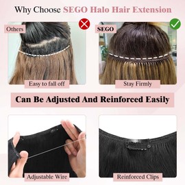 SEGO Invisible Wire Hair Extensions, Real Human Hair Adjustable Wire Extensions, 2 Clips for Women Transparent Fish Line Extensions, Add Length, 16 inches, Natural Black, 60g