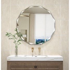 MIRTHIE 24 Inch Round Beveled Edge Mirror, Frameless Wall Mount Bathroom Vanity Mirror