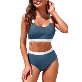 Conjunto de bikini de cintura alta para mujer, deportivo, con bloques de color, bandeau, cuello redondo, clásico, dos piezas, Celeste blanco, X-Large