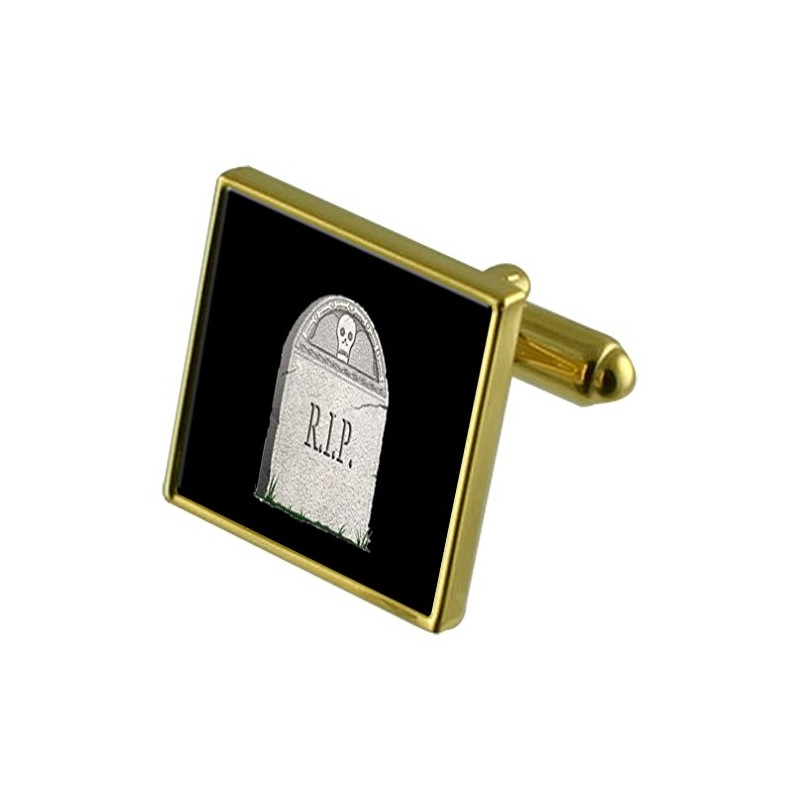 Headstone Coffin Gold-tone Cufflinks Crystal Tie Clip Gift Set