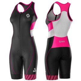 SLS3 Pro Triathlon Suit Women - One Piece Womens Trisuit - Premium FX Tri Suit Women, Black & Print - No Shelf Bra (Black/Bright Rose Stripes, X-Small)