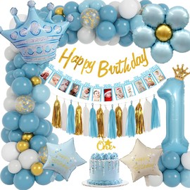 1st Birthday Decorations Girl, First Birthday Party Decoration with Baby Month Photo Banner, Rose Gold Latex Balloons, Star Foil Balloons for Baby Shower (Retro Blue)