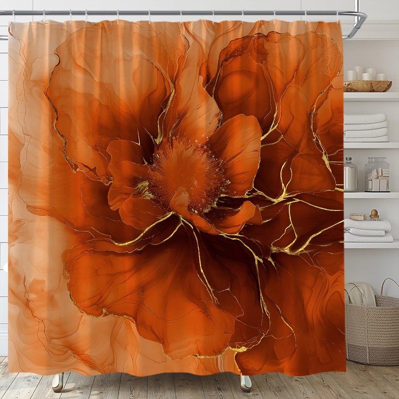Burnt Orange Shower Curtain Abstract Floral Marble Texture, 72 x
