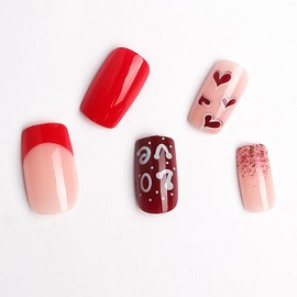 Valentine's Day Glitter Press on Nails Medium Square Fake Nails Red Love Heart Design Stick On Nails Glue On Nails for Valentine Gift Wine Red Nude Color French False Nails for Women and Girls 24Pcs