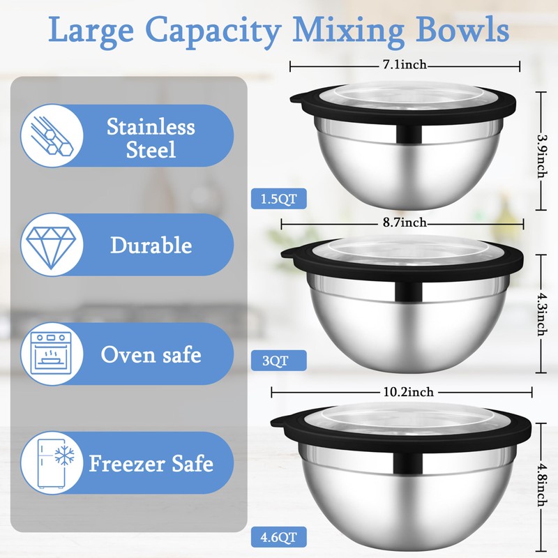 LIANYU Mixing Bowls Sets of 3, Stainless Steel Metal Nesting